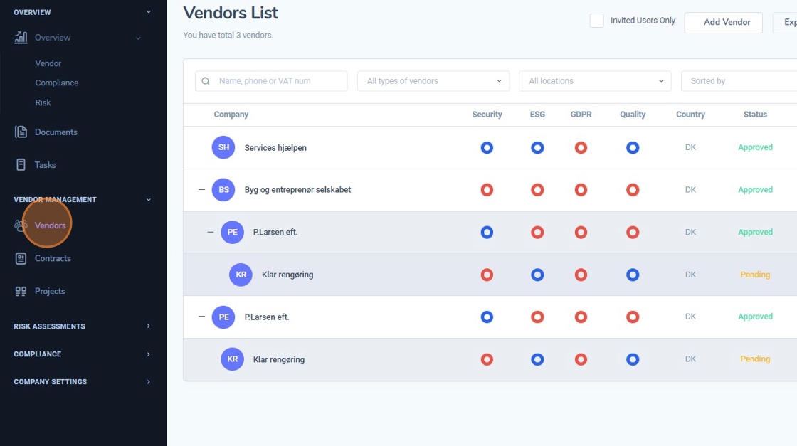 Vendor List with Pending Status
